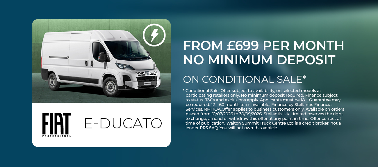 FIAT E-DUCATO FROM £699 PER MONTH PLUS INITIAL DEPOSIT ON CONDITIONAL SALE
